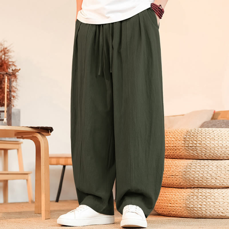 Buddha Stones Summer Casual Minimalist Drawstring Solid Cotton Ankle Pants Men's Straight Leg Pants With Pocket - DarkOliveGreen - US/UK/AU46, EU56 (5XL) - image 6