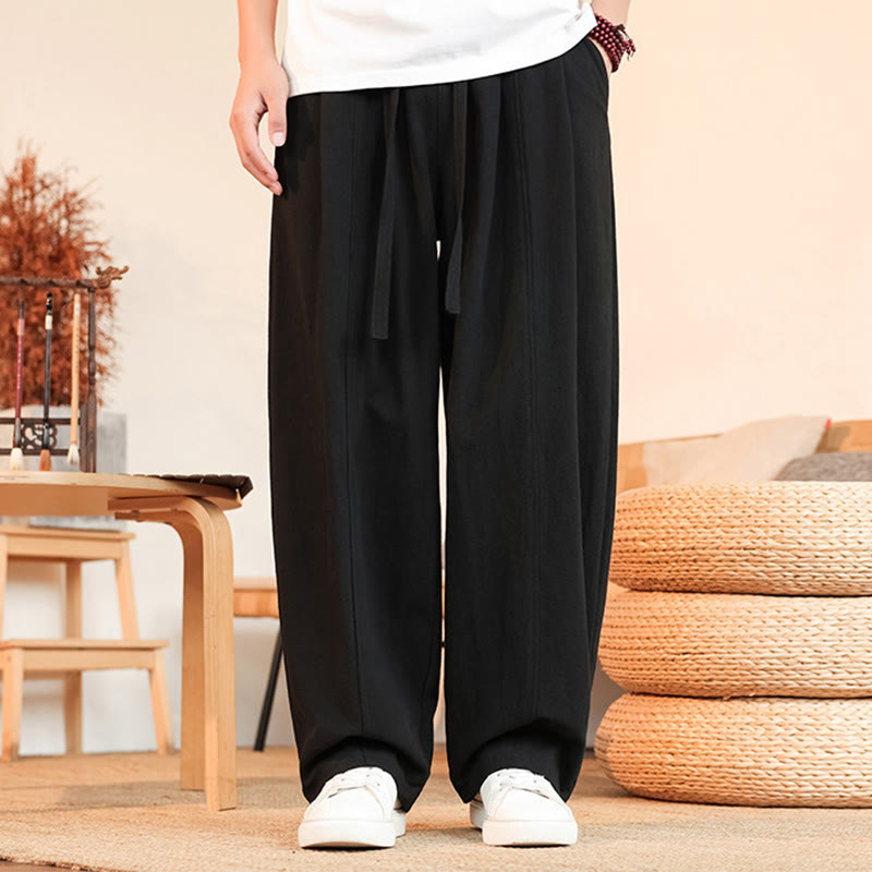 Buddha Stones Summer Casual Minimalist Drawstring Solid Cotton Ankle Pants Men's Straight Leg Pants With Pocket - Black - US/UK/AU46, EU56 (5XL) - image 3