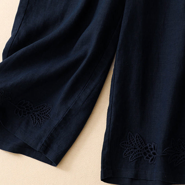 Buddha Stones Summer Casual Hollow Embroidery Hem Solid Ankle Pants Women's Harem Pants With Pocket - image 6