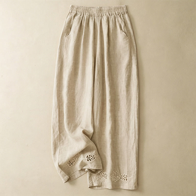 Buddha Stones Summer Casual Hollow Embroidery Hem Solid Ankle Pants Women's Harem Pants With Pocket - Beige - US8-10, UK/AU12-14, EU40-42 (2XL) - image 11