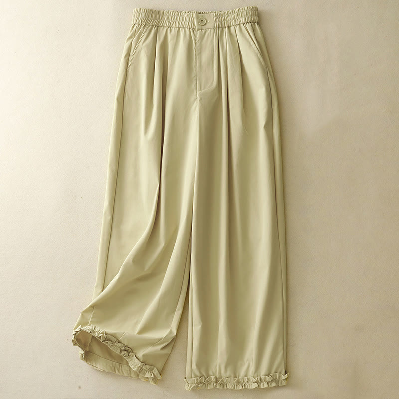 Buddha Stones Summer Casual Elegant Button-Up Solid Zipper Design Ruffles Hem Cropped Pants Women's Harem Pants With Pocket - LightGoldenRodYellow - US8-10, UK/AU12-14, EU40-42 (2XL) - image 0