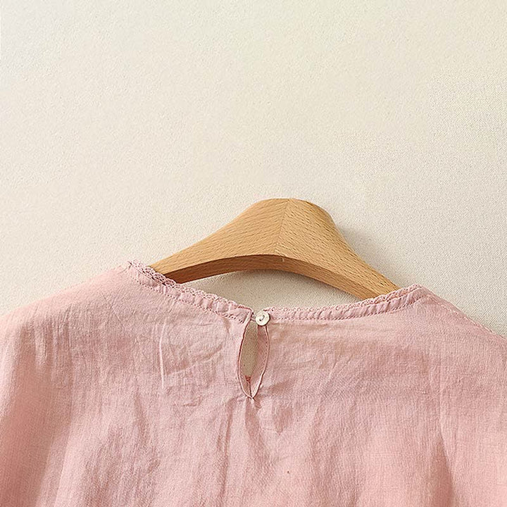 Buddha Stones Summer Casual Simple Drawstring Elastic Hem Solid Ramie Women's Short Sleeve T-Shirts - image 3