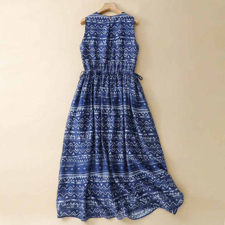 Buddha Stones Summer Boho Casual Blue wavy shape Geometric Women's Summer Sleeveless Dress With Pocket - image 1