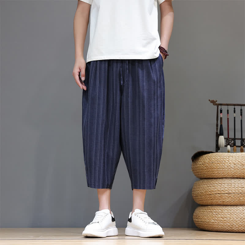 Buddha Stones Summer Casual Drawstring Striped Capri Pants Men's Harem Pants With Pocket - Navy - US/UK/AU46, EU56 (5XL) - image 18