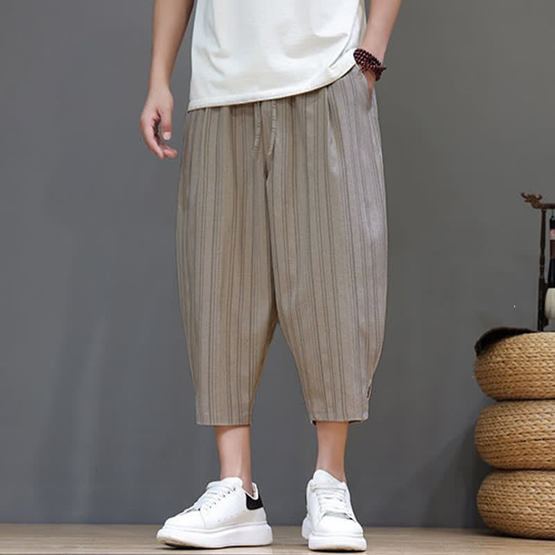 Buddha Stones Summer Casual Drawstring Striped Capri Pants Men's Harem Pants With Pocket - image 5