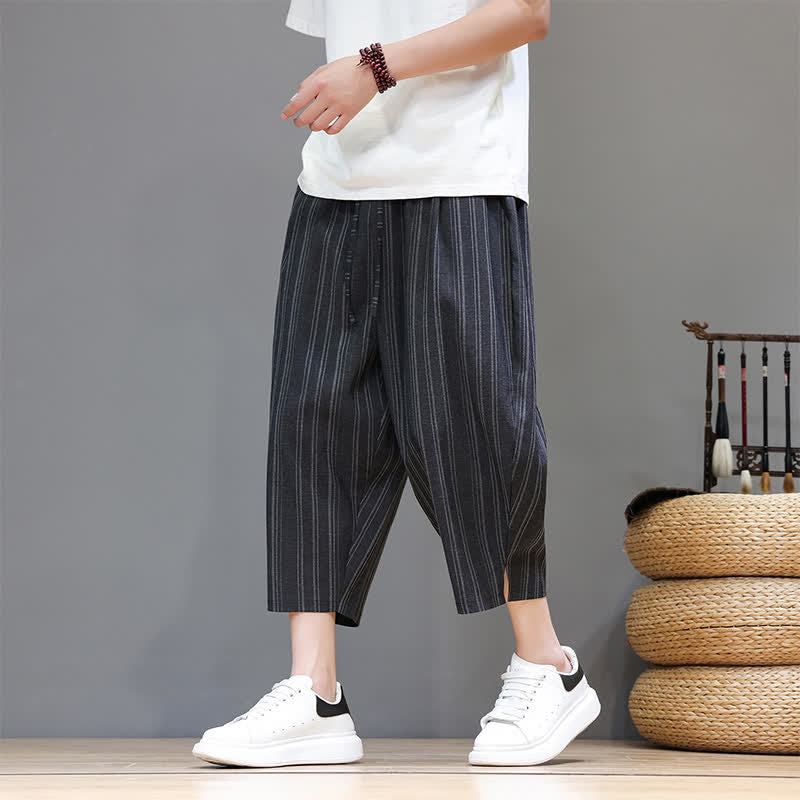 Buddha Stones Summer Casual Drawstring Striped Capri Pants Men's Harem Pants With Pocket - Black - US/UK/AU46, EU56 (5XL) - image 10