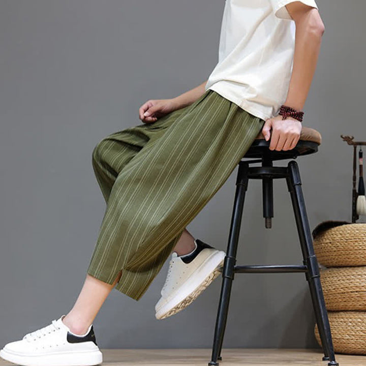 Buddha Stones Summer Casual Drawstring Striped Capri Pants Men's Harem Pants With Pocket - image 35