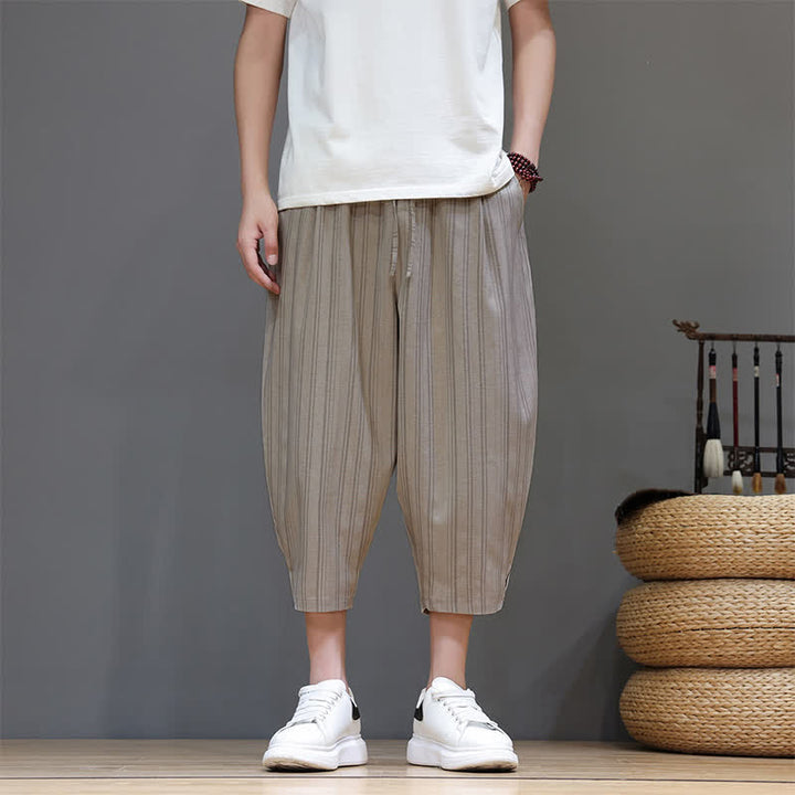 Buddha Stones Summer Casual Drawstring Striped Capri Pants Men's Harem Pants With Pocket - image 1