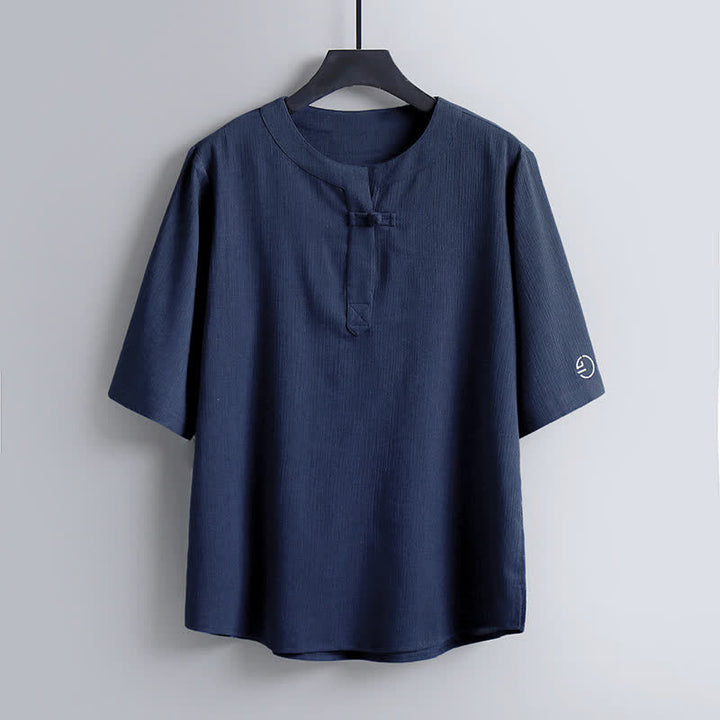 Buddha Stones Summer Tang Style Casual Pankou Crew Neck Solid Men's Short Sleeve Shirts - SteelBlue - US/UK/AU54，EU64 (9XL) - image 9