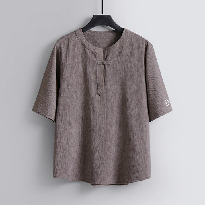 Buddha Stones Summer Tang Style Casual Pankou Crew Neck Solid Men's Short Sleeve Shirts - Tan - US/UK/AU54，EU64 (9XL) - image 0