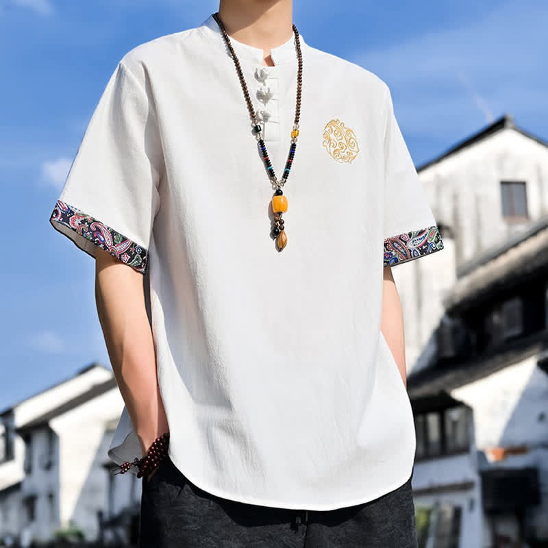 Buddha Stones Summer Tang Style Casual Frog Button Embroidery Men's Short Sleeve Shirts - image 29