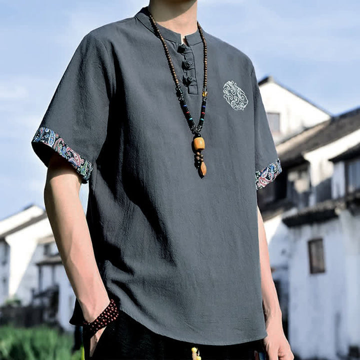 Buddha Stones Summer Tang Style Casual Frog Button Embroidery Men's Short Sleeve Shirts - image 2
