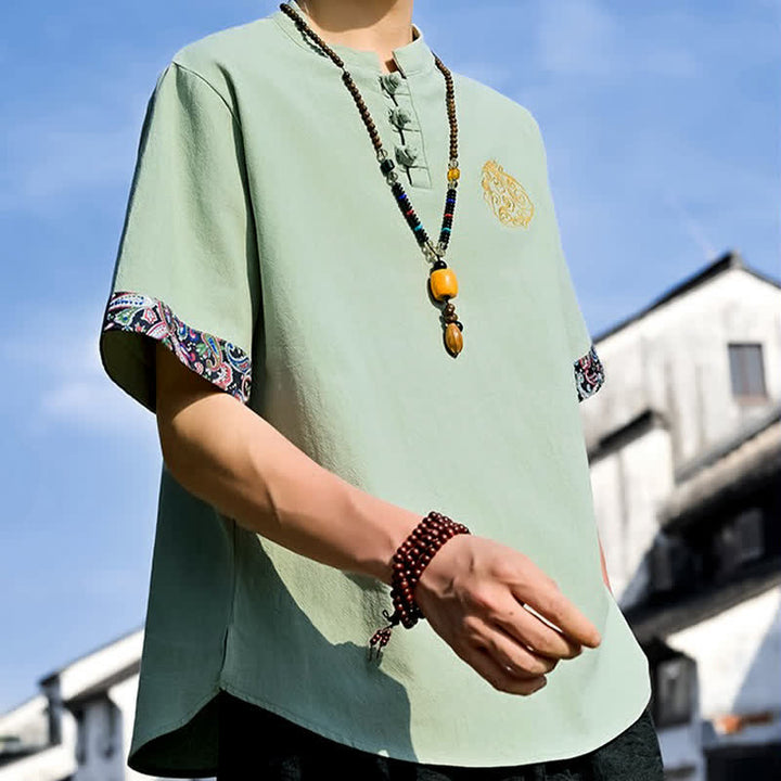 Buddha Stones Summer Tang Style Casual Frog Button Embroidery Men's Short Sleeve Shirts - image 25