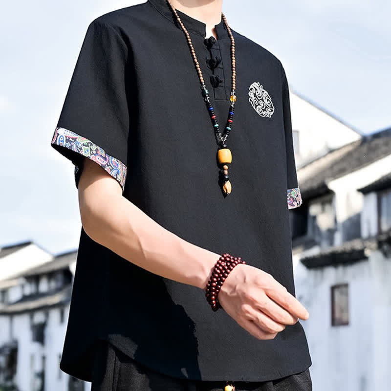 Buddha Stones Summer Tang Style Casual Frog Button Embroidery Men's Short Sleeve Shirts - image 11