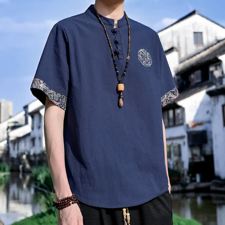 Buddha Stones Summer Tang Style Casual Frog Button Embroidery Men's Short Sleeve Shirts - image 17