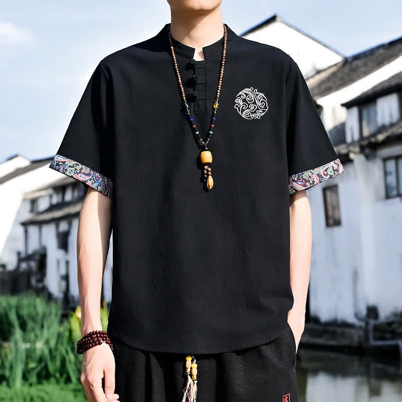 Buddha Stones Summer Tang Style Casual Frog Button Embroidery Men's Short Sleeve Shirts - image 7
