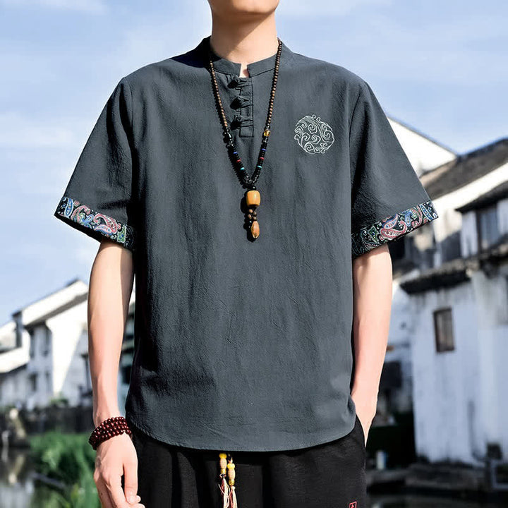 Buddha Stones Summer Tang Style Casual Frog Button Embroidery Men's Short Sleeve Shirts - Black - US/UK/AU46, EU56 (5XL) - image 0
