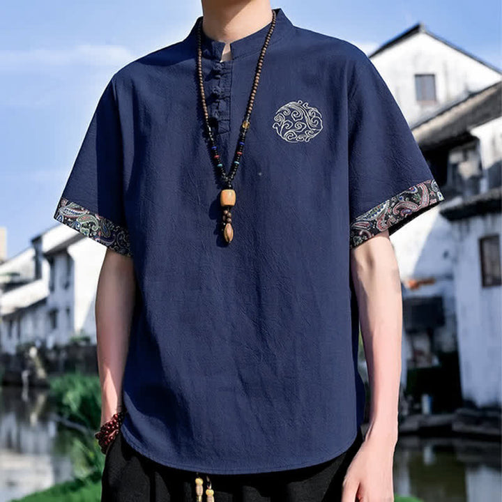 Buddha Stones Summer Tang Style Casual Frog Button Embroidery Men's Short Sleeve Shirts - image 15