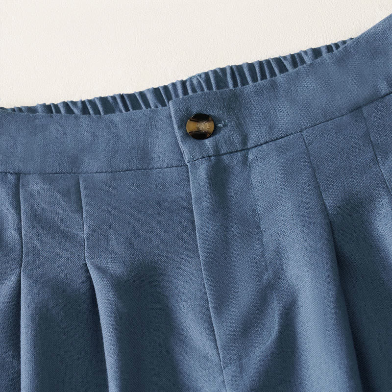 Buddha Stones Summer Elegant Solid Elastic Waist Button Zipper Design Cotton Linen Long Pants Women's Wide Leg Pants With Pockets - image 5