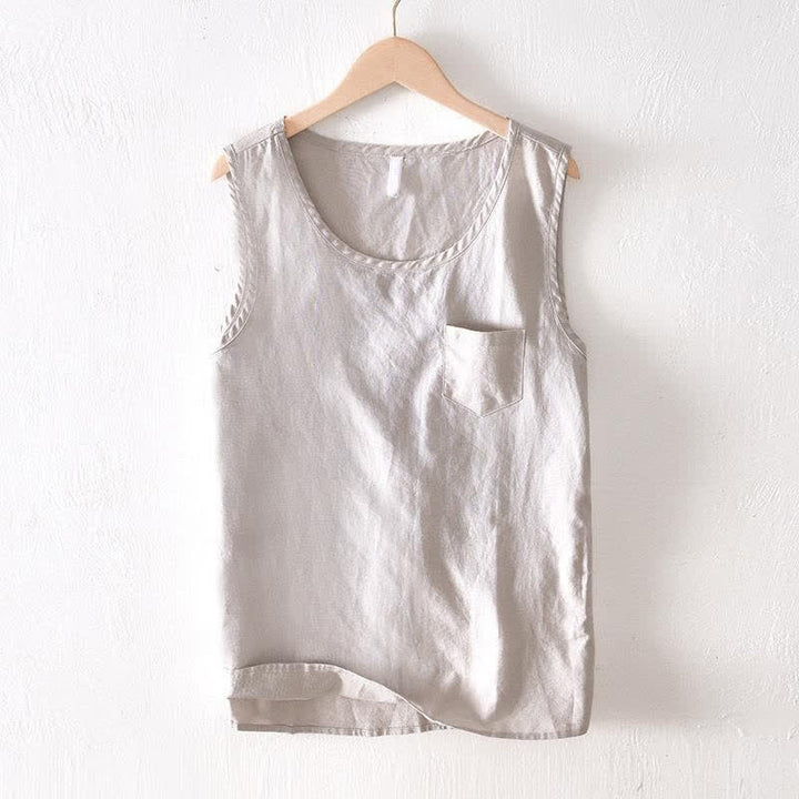 Buddha Stones Summer Casual Minimalist Solid Tank Top Men's Sleeveless T-Shirts With Patch Pocket - Linen - US/UK/AU42, EU52 (3XL) - image 4