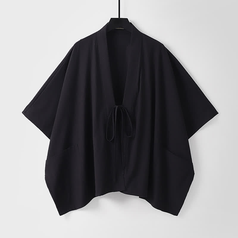 Buddha Stones Summer Minimalist Drawstring Lace-up Solid Short Sleeve Men's Kimono With Pockets - Black - US/UK/AU40, EU50 (L) - image 2