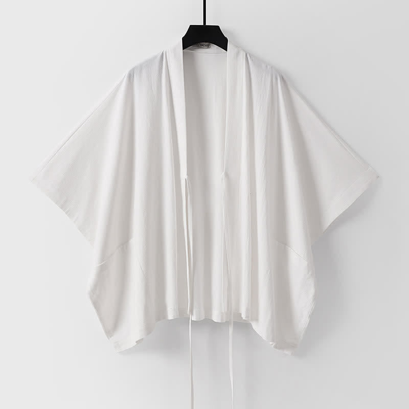 Buddha Stones Summer Minimalist Drawstring Lace-up Solid Short Sleeve Men's Kimono With Pockets - image 14
