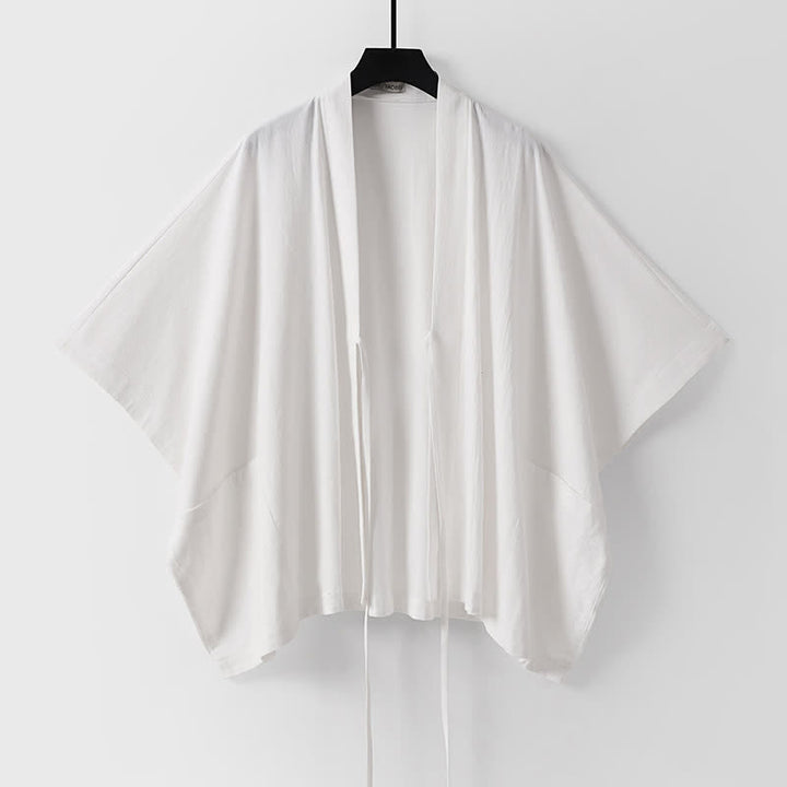Buddha Stones Summer Minimalist Drawstring Lace-up Solid Short Sleeve Men's Kimono With Pockets - image 14
