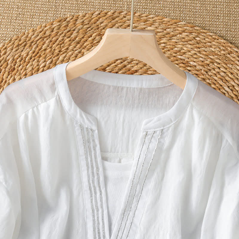 Buddha Stones Summer Casual Simple Solid V-Neck Lines Women's Short Sleeve T-Shirts - image 5