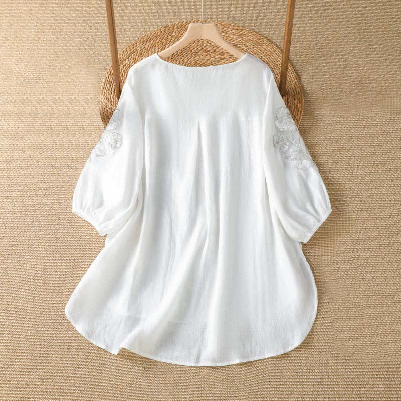 Buddha Stones Summer Casual Elegant Embroidery White Floral Crew Neck Women's Long Sleeve T-Shirt - image 7