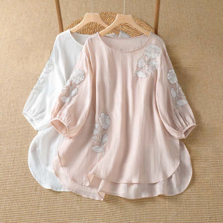 Buddha Stones Summer Casual Elegant Embroidery White Floral Crew Neck Women's Long Sleeve T-Shirt - image 8