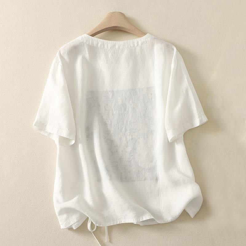 Buddha Stones Summer Casual Vintage Drawstring Abstract Flowers Print Women's Short Sleeve T-Shirts - image 15
