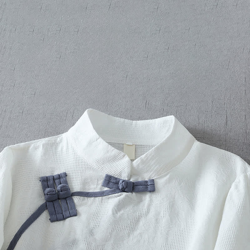 Buddha Stones Summer Tang Style Minimalist Mandarin Collar Frog Button Solid Women's Short Sleeve Shirts - image 9