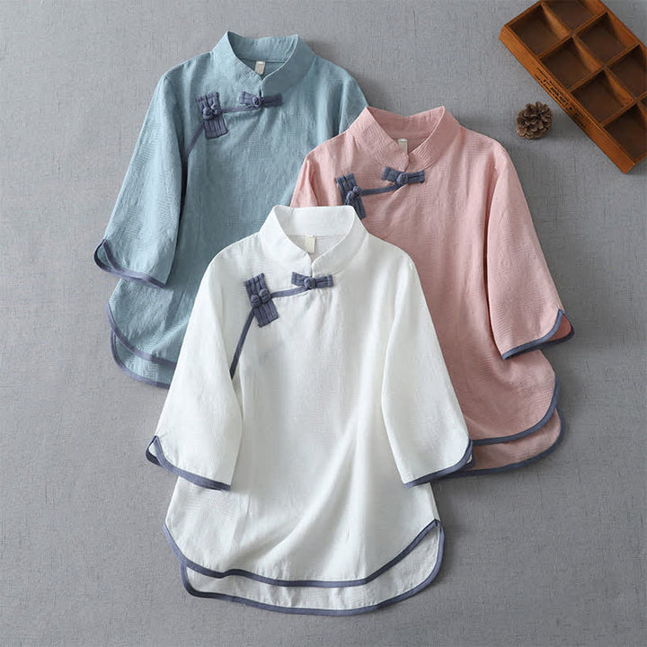 Buddha Stones Summer Tang Style Minimalist Mandarin Collar Frog Button Solid Women's Short Sleeve Shirts - image 0