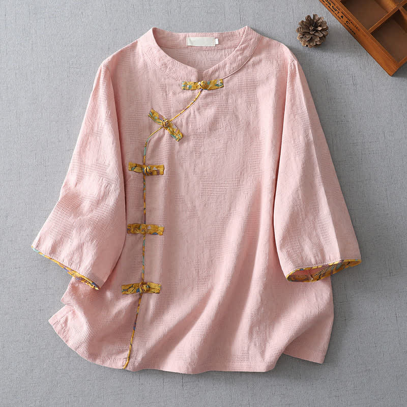 Buddha Stones Summer Tang Style Casual Frog Button Solid Women's Elbow-Length Sleeve Shirts - LightPink - US8-10, UK/AU12-14, EU40-42 (2XL) - image 0