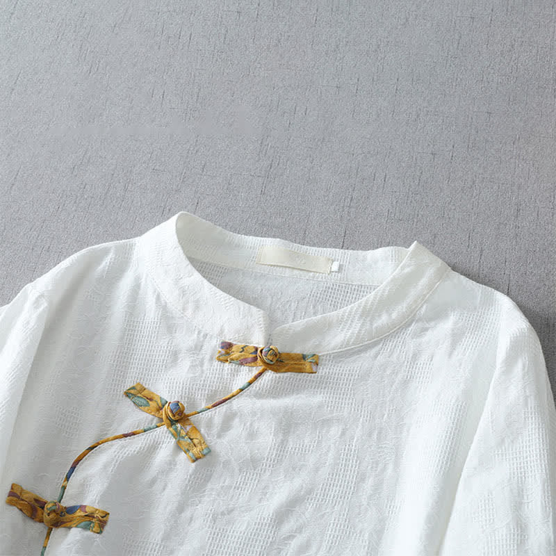 Buddha Stones Summer Tang Style Casual Frog Button Solid Women's Elbow-Length Sleeve Shirts - image 10
