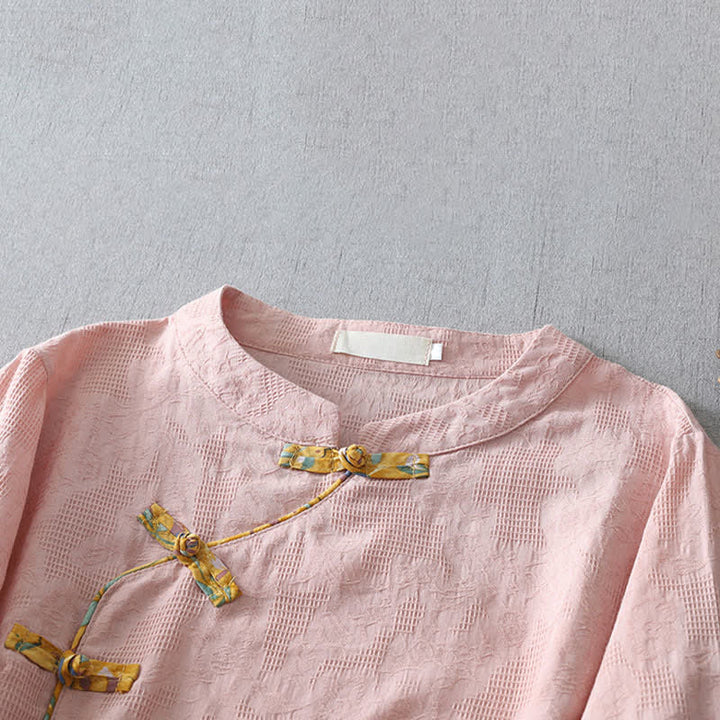 Buddha Stones Summer Tang Style Casual Frog Button Solid Women's Elbow-Length Sleeve Shirts - image 1