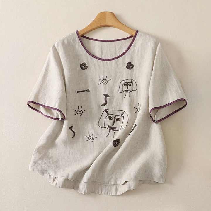 Buddha Stones Summer Casual Vintage Abstract Sun Flowers Character Embroidery Women's Short Sleeve T-Shirts - Linen - US8-10, UK/AU12-14, EU40-42 (2XL) - image 5