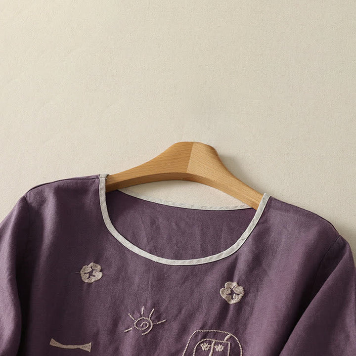 Buddha Stones Summer Casual Vintage Abstract Sun Flowers Character Embroidery Women's Short Sleeve T-Shirts - image 1