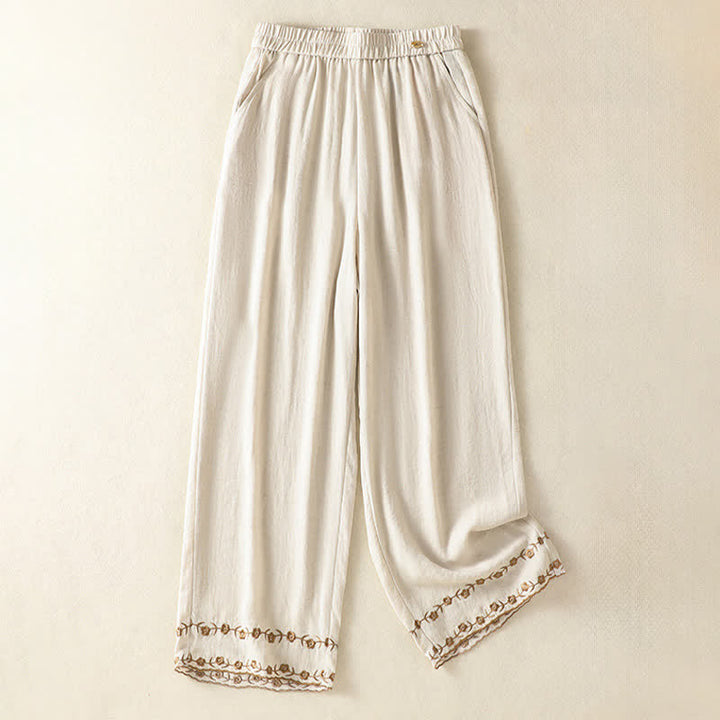 Buddha Stones Summer Casual Vintage Embroidery Floral Cropped Pants Women's Straight Leg Pants With Pocket - Linen - US8-10, UK/AU12-14, EU40-42 (2XL) - image 7