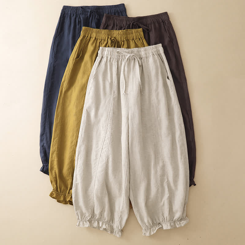 Buddha Stones Summer Casual Drawstring Solid Ruffle Hem Cropped Pants Women's Harem Pants With Pocket - image 18