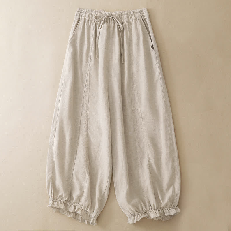 Buddha Stones Summer Casual Drawstring Solid Ruffle Hem Cropped Pants Women's Harem Pants With Pocket - Beige - US8-10, UK/AU12-14, EU40-42 (2XL) - image 10