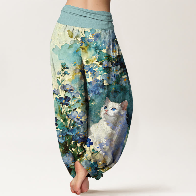 Buddha Stones Pure Cotton Floral White Cat Pattern Women's Elastic Waist Harem Pants - image 6