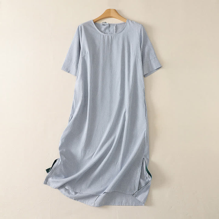 Buddha Stones Summer Casual Simple Side Slit Striped Women's Short Sleeve Dresses With Pocket - LightBlue - US14, UK/AU18, EU46 (2XL) - image 0