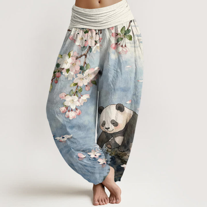 Buddha Stones Pure Cotton Cherry Blossom Panda Pattern Women's Elastic Waist Harem Pants - LightSteelBlue - US16，UK/AU20，EU48 (3XL) - image 0