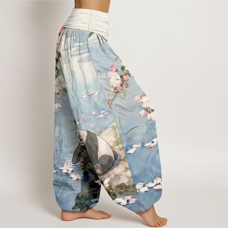 Buddha Stones Pure Cotton Cherry Blossom Panda Pattern Women's Elastic Waist Harem Pants - image 2