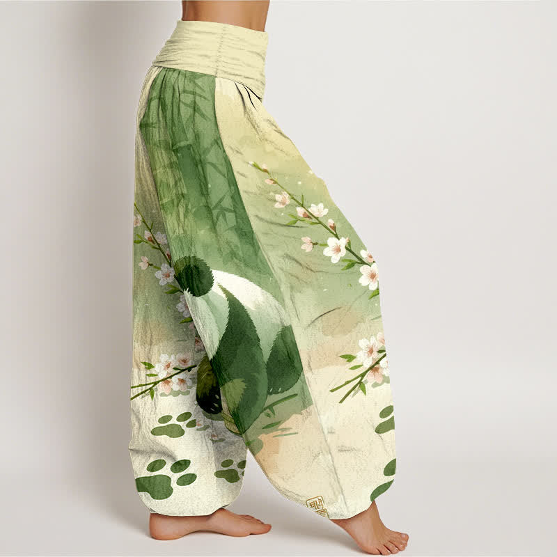 Buddha Stones Pure Cotton Panda Bamboo Blossom Pattern Women's Elastic Waist Harem Pants - image 7