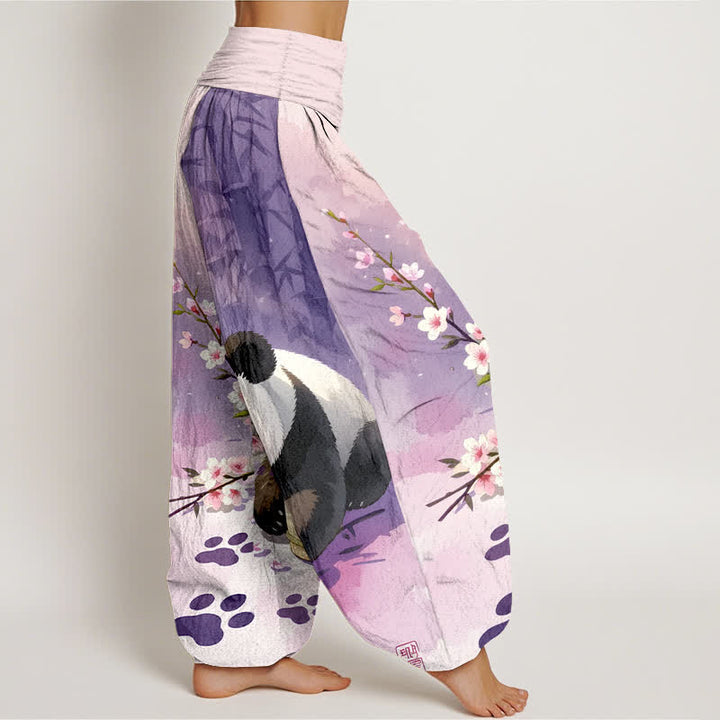 Buddha Stones Pure Cotton Panda Bamboo Blossom Pattern Women's Elastic Waist Harem Pants - image 10