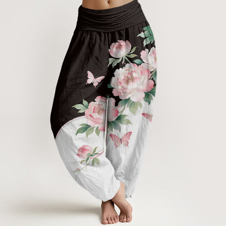 Buddha Stones Pure Cotton Floral Butterfly Pattern Women's Elastic Waist Harem Pants - Black - US16，UK/AU20，EU48 (3XL) - image 0