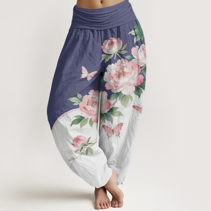 Buddha Stones Pure Cotton Floral Butterfly Pattern Women's Elastic Waist Harem Pants - SlateBlue - US16，UK/AU20，EU48 (3XL) - image 8