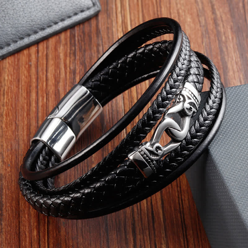 Buddha Stones Black Leather Braided Titanium Steel Durability Double Wrap Bracelet - image 2